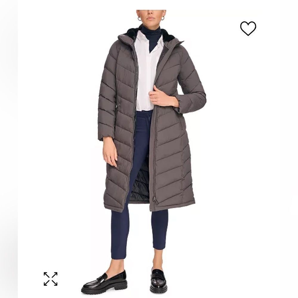 $420 Calvin Klein Stretch Fur Hooded Maxi Puffer Coat in Titanium, Small…